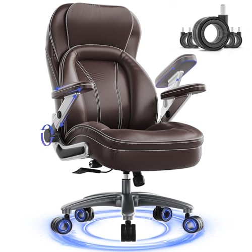Big and Tall Office Chair, Heavy Duty Desk Chair with 5D Arms, Adjustable Lumbar Support & Height, Tilt Function, PU Leather High Back Ergonomic Executive Computer Chair - color: Brown