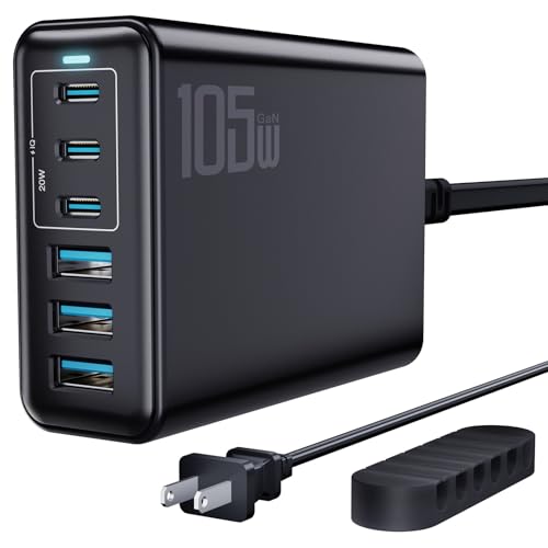 105W USB C Charger Block, 6-Port USB C Charging Station GaN III PD 20W Laptop Fast Charger Adapter for iPad Pro/Air/Mini, iPhone 17/16/15/14/13/12/11, Samsung and More (Cable Organizer Included) - color: Black, size: 105W