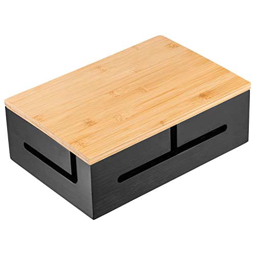 Cable Management Box Bamboo 12.6x7.9x4.3in, Black, Wall Mount Kit Included - color: Black
