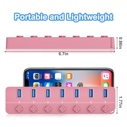 USB Hub 7 Port, USB Splitter with Individual On/Off Switches and Lights - color: Pink