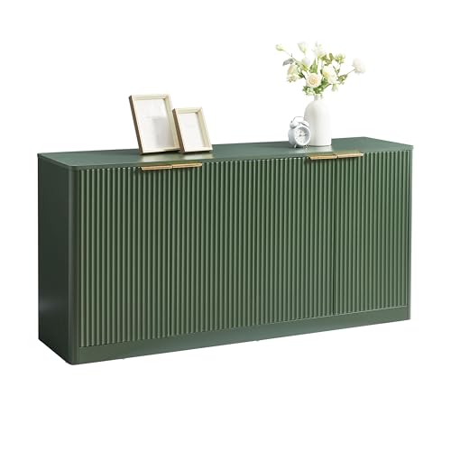 59" Buffet Sideboard Cabinet with Storage, Modern Fluted Accent Credenza with Shelves, Wood TV Console Stand 4 Doors, Sideboards for Office Living Room Hallway Kitchen, Green - color: Green-59.0"l 4 Doors