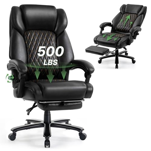 500LBS Reclining Executive Office Chair with Retractable Footrest, Black | Adjustable Lumbar Support, for Big and Tall People, Leather, Manager Desk Chair, for Home Office, Work, and Relaxation - color: Oversized-black
