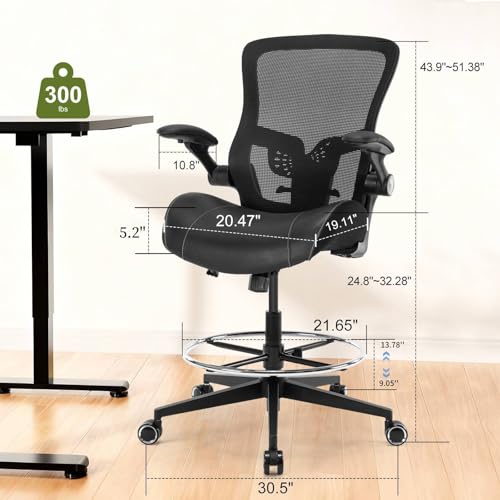 Drafting Chair, Tall Office Chair with PU Leather Seat, Standing Desk Chair Counter Height Office Chairs with 21.65'' Footrest Ring and Adjustable Lumbar Support Armrests Black