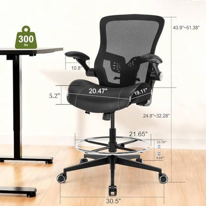 Drafting Chair, Tall Office Chair with PU Leather Seat, Standing Desk Chair Counter Height Office Chairs with 21.65'' Footrest Ring and Adjustable Lumbar Support Armrests Black