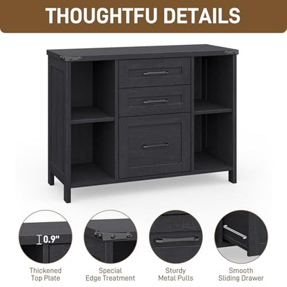 Vabches File Cabinet with 3 Drawers, Farmhouse Lateral File Cabinet Fits Files Letter/A4 Size, Wooden Filing Cabinet with Adjustable Shelves Printer Stand for Home Office, Black - color: Black