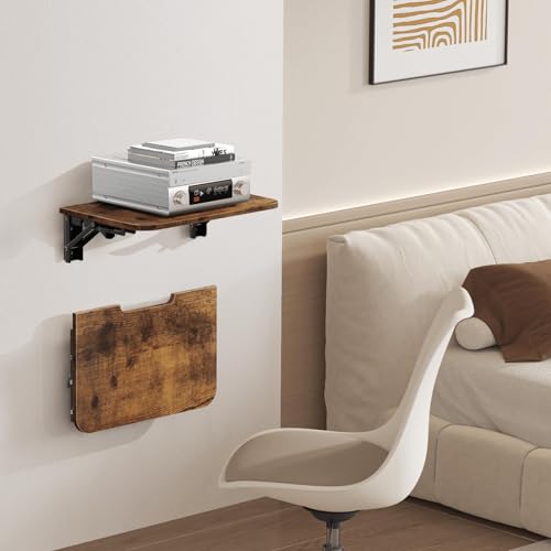 Projector Shelf for Wall, Foldable Floating TV Shelf, Rustic Brown | Wall Mount DVD Shelf with Heavy-Duty Brackets Under TV for Cable Box, Games Console, 16.5 x 11 Inches - color: Rustic Brown