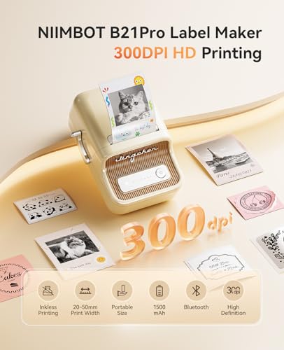 NIIMBOT Label Maker, B21 Pro 300DPI HD Sticker Printer for Photos,White | Red&Black Dual-Color Printer, Bluetooth Sticker Maker for Notes, Study Graphics, Memo Maker, Come with 2'' x 1.2'' Label Roll - color: White