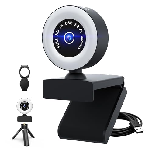 USB HD 4K Video Webcam，with Ring Ligh and Microphoneand Rotatable Tripod& Privacy Cover for PC，, Fast AutoFocus，with Auto White Balance for Video Calls, Live Streaming Gaming & Online Meetings