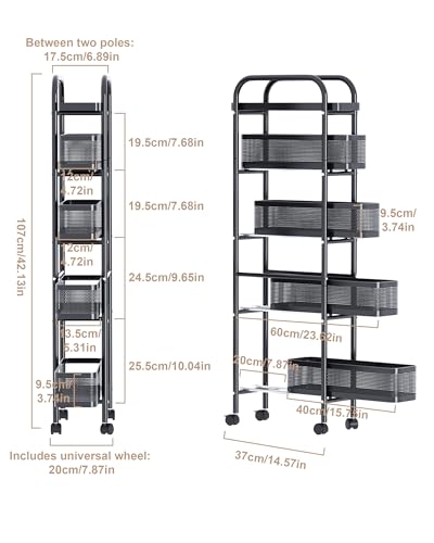 UMDONX 5-Tier Narrow Mobile Storage Cart with Pull-Out Baskets - color: Black, size: 5 Tier