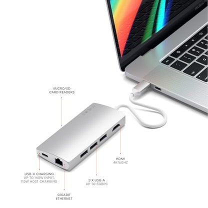 Satechi 8-in-1 USB-C Hub V2, 115W PD Charging, 4K HDMI, Ethernet, Silver | 4K HDMI, 3 USB-A, Ethernet, Micro/SD Card Readers, for MacBook Air/Pro/Neo, iPad Air/Pro, Windows - color: Silver, size: V2