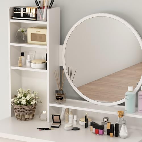 ECACAD Vanity Desk Set with Round Mirror, Makeup Dressing Table with 5 Drawers, Storage Shelves & Cushioned Stool for Bedroom, White - style: White-Without Light