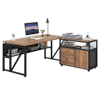 Tribesigns 63" Executive with Drawer Cabinet, L Shaped Desk and Lock lateral File Cabinet, 2 Piece Home Office Furniture Set with Drawers for Hanging File, (Brown, 63 inches) - color: Brown, size: 63 inches