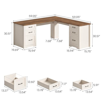 Vabches 59" L-Shaped Executive Desk with 6 Drawers for Home Office, White - color: 59in White With L-shaped
