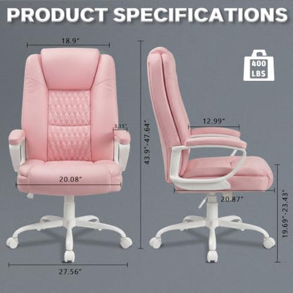LEMBERI High Back PU Leather Executive Office Chair, Adjustable Swivel Computer Desk Chair with Padded Armrests for Home Office, Pink - color: Pink