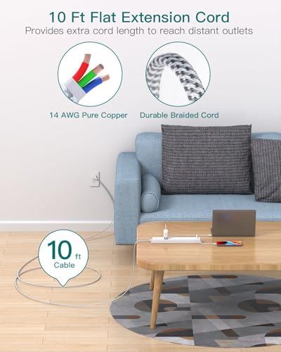 Extension Cord 10 ft - Long Power Strip Surge Protector, 6 AC Outlet 4 USB - color: White & Grey, size: 10 FT
