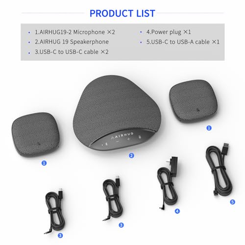 AIRHUG Bluetooth Speakerphone for 8 People, 2 Expansion Microphones | 360° Voice Pickup, Noise Reduction, Conference Speaker with Microphone