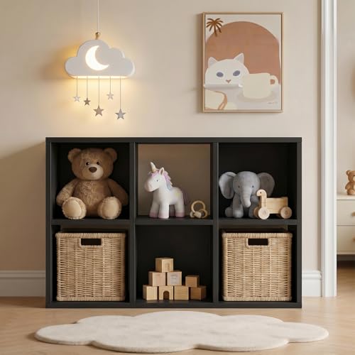 LUCKLIFE 6-Cube Storage Organizer, Modular Bookcase Shelf with Vertical or Horizontal Use, Fits 11×11" Bins, Optional Back Panels, for Living Room, Office, Black - color: 6 Cube - Black