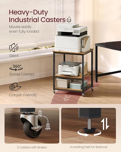 VASAGLE 3-Tier Printer Stand with Locking Wheels, Under Desk Printer Table - color: Rustic Brown + Ink Black, size: 3 Tiers/Large