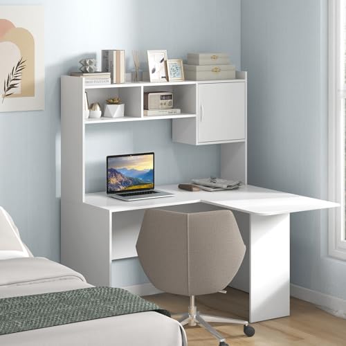 Tangkula L-Shaped Desk with Storage Hutch, Corner Computer Desk with Shelves & Cabinet, Modern Writing Study Table for Home Office, Laptop PC Workstation, White