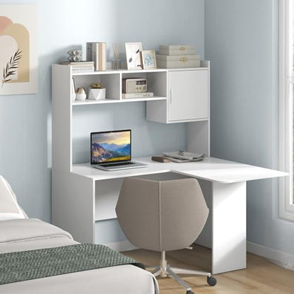 Tangkula L-Shaped Desk with Storage Hutch, Corner Computer Desk with Shelves & Cabinet, Modern Writing Study Table for Home Office, Laptop PC Workstation, White