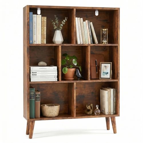 DUMOS Cube Bookshelf 3 Tier, Wooden Bookcase with Legs Storage Organizer | Retro Wood Cube Book Shelf, Freestanding Open Display Book Shelves for Bedroom,Living Room,Office, Rustic Brown
