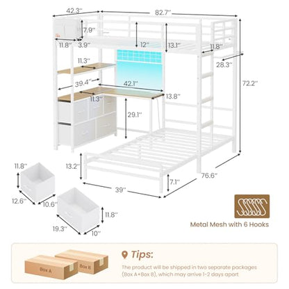 DICTAC Bunk Bed with L-Shaped Desk,5 Storage Drawers and 2 Shelves Metal Twin XL Over Twin Bunk Bed with LED Lights and Charging Station,bunk Beds with Safety Guardrail & Ladder,Space-Saving,White - color: White, size: Twin XL Over Twin