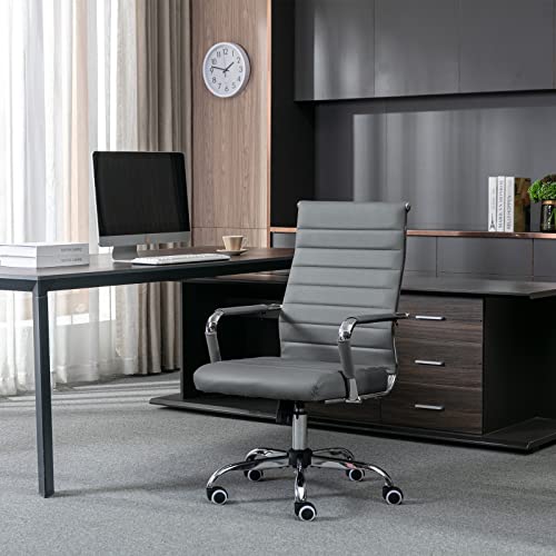Home Office Chair Ribbed, Modern Leather Conference Room Chairs, Ergonomic Office Desk Chair, High Back Executive Computer Chair, Adjustable Swivel Chair with Arms (Grey) - color: Grey
