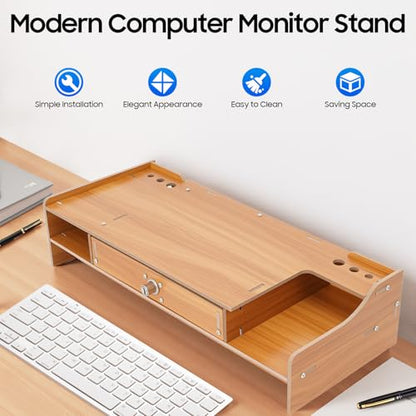 Wood Monitor Riser with Lockable Drawer, Computer/Laptop/PC Stand for Desk Organizer for Homes, Schools Monitor Stand Capacity 5.51-11.02 Lbs with Phone Holder & Pen Holes