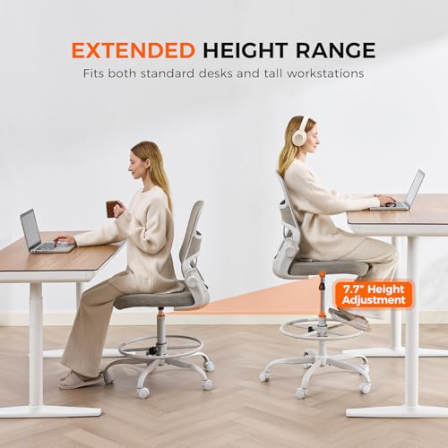 Armless Drafting Chair, Tall Office Chair for Standing Desks | A foot ring steadies legs through crafting and studio projects; breathable lumbar mesh and silent casters fit compact spaces. - color: Apricot-drafting