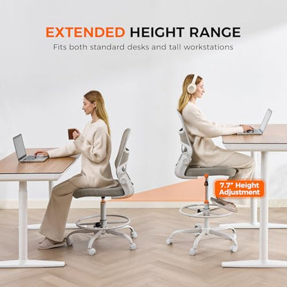 Armless Drafting Chair, Tall Office Chair for Standing Desks | A foot ring steadies legs through crafting and studio projects; breathable lumbar mesh and silent casters fit compact spaces. - color: Apricot-drafting