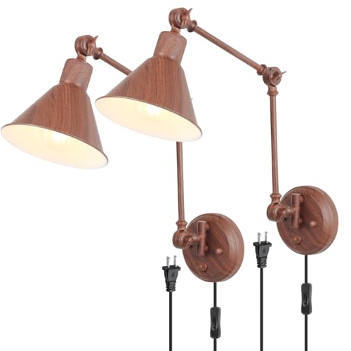 TRLIFE Plug in Wall Sconces, Dimmable Wall Sconces Set of 2 Plug in Swing Arm Wall Lights, Adjustable Wall Mounted Light Wall Lights with 6FT Plug in Cord, E26 Base(Two Arms, Walnut Color) - color: Walnut color, size: 2 Pack- (Switch)