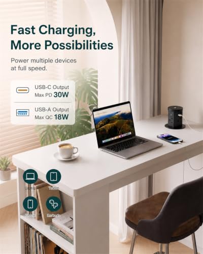 2.4" Pop Up Countertop Outlet, 30W USB-C & Wireless Charger | Fits 2.4 in (60mm) grommet holes, 4 AC outlets, 2 USB-C 30W, 2 USB-A 18W, 15W wireless charging and 1.5m cord, Black - color: Black