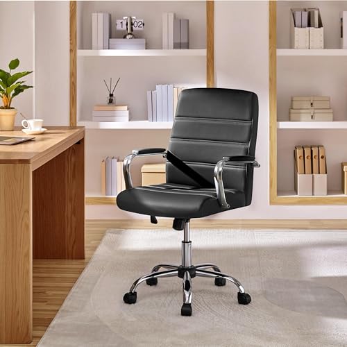Yaheetech Black Office Chair PU Leather Swivel Rocking Desk Seat with Arms | Foam-padded channel-stitched PU leather back supports desk hours; chrome frame rocks, adjusts in height, rolls on casters. - color: Black