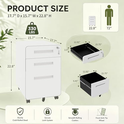 SAWJEC 3 Drawer File Cabinet with Lock, Rolling Under Desk Storage, White - color: 02l-white