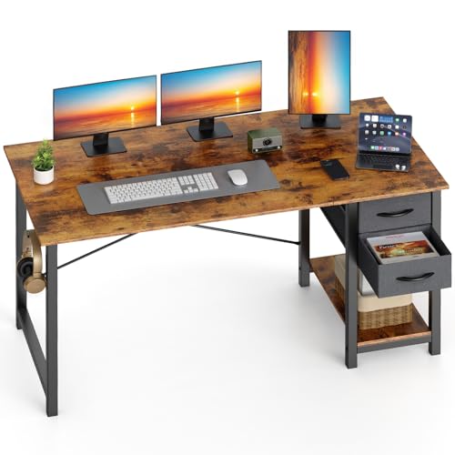 Sweetcrispy 47-Inch Computer Desk with Drawers, Office Desk, Brown | Small Desk for Bedroom Home Office with Side Hook, Modern Simple desk with storage for Writing - color: Rust, size: 47 Inches