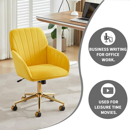 YITAI Velvet Office Desk Chair with Wheels and Gold Base,Modern Height Adjustable 360 Degree Swivel Upholstered Vanity Chairs with Arms for Living Room Bedroom, Study,Yellow - color: Gold Yellow