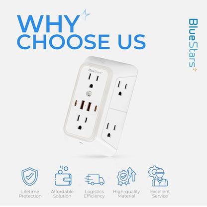 Wall Mount Power Strips Wall Charger 6 Outlet Extender 4 USB Ports (5V, 2.4A, 12W) and Night Light 3-Sided Power Strip with Adapter Spaced Outlets - Multi Plug Outlet Surge Protector for Home Office - color: White