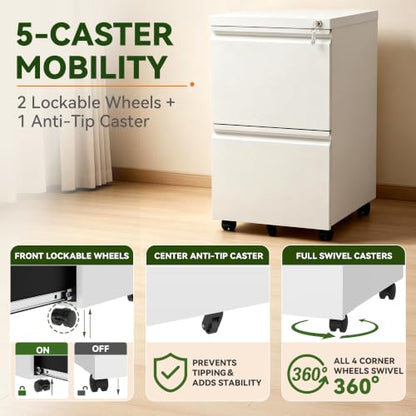 SAWJEC 2 Drawer Rolling File Cabinet Fully Assembled, White | Fully Assembled, Metal Under Desk Filing Cabinet with Lock & Wheels, 17"D x 15"W x 26"H, Letter/Legal/A4, for Home Office - color: White, size: 26"H x 15"W x 17"D