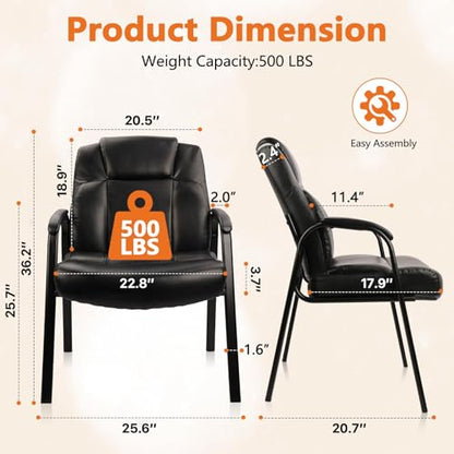 CLATINA Big and Tall Office Chair Set of 2 500lbs Leather Reception Chair with Bonded Padded Armrest Wide Seat Desk Chair No Wheels for Reception Conference Waiting Room Side Office Home, Black - color: Black, size: 2 Pack