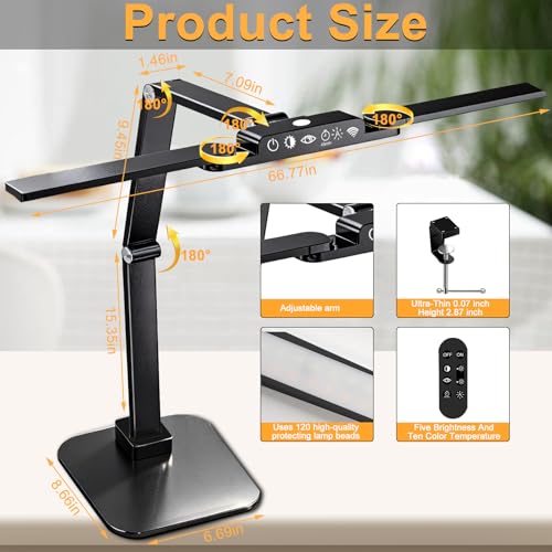 NUNET 24W LED Desk Lamp with 2-in-1 Weighted Base & Clamp, 26.8" Dual Monitor Light Bar, Remote, Eye-Caring Red Light Beads, Stepless Dimming, Adjustable Architect Swing Arm for Home Office, Black | Weighted base option, remote control, eye-caring red bea