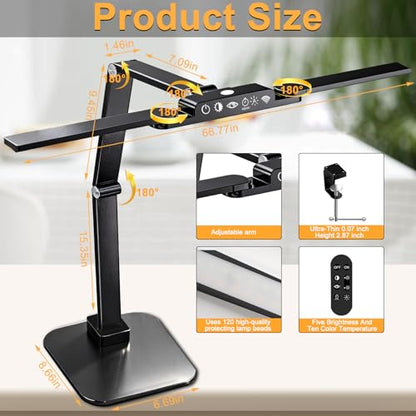 NUNET 24W LED Desk Lamp with 2-in-1 Weighted Base & Clamp, 26.8" Dual Monitor Light Bar, Remote, Eye-Caring Red Light Beads, Stepless Dimming, Adjustable Architect Swing Arm for Home Office, Black | Weighted base option, remote control, eye-caring red bea