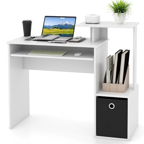 GIANTEX White Computer Desk with Drawers & Keyboard Tray, Modern Home Office Desk with Storage Shelves & Printer Stand, Laptop PC Table for Workstation, Study Writing Desk for Small Spaces, Bedroom