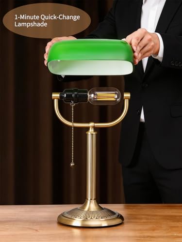 1-Minute Quick-Change Shade Classic Green Glass Bankers Desk Lamp | Study Office Library, LED Bulb Included - color: Green
