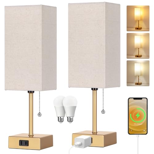 Table Lamp for Bedroom set of 2,3-Color Bedside Lamps with Pull Chain Gold - color: Gold+linen, size: 15inch