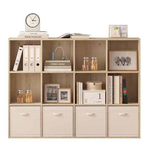 12 Cube Storage Organizer, Wooden Cube Shelves with Closed Back Panel, Reversible Bookcase, Cubes Closet Organizer for Home, Living Room, Kids Room, Office, Bedroom, Study, Hallway - color: White Oak, size: 12-Cubby: 9.45"D x 47.72"W x 35.98"H