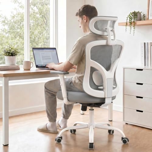 Marsail Ergonomic Office Chair Lumbar Support & Adjustable Armrests, Grey | 2D Headrest, Contoured Seat Cushion, Computer Desk Chair with Wheels for Home and Office - color: Grey