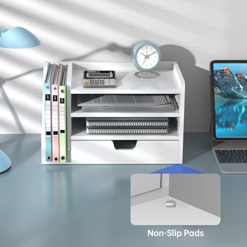 Multi-Tier Wood Desk File Organizer with Side File Rack, 3 Tray Shelves & Adjustable Drawer - Space-Efficient Design Easy to Assemble for Efficient Office Setup, Reduces Desk Clutter (White) - color: White
