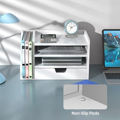 Multi-Tier Wood Desk File Organizer with Side File Rack, 3 Tray Shelves & Adjustable Drawer - Space-Efficient Design Easy to Assemble for Efficient Office Setup, Reduces Desk Clutter (White) - color: White