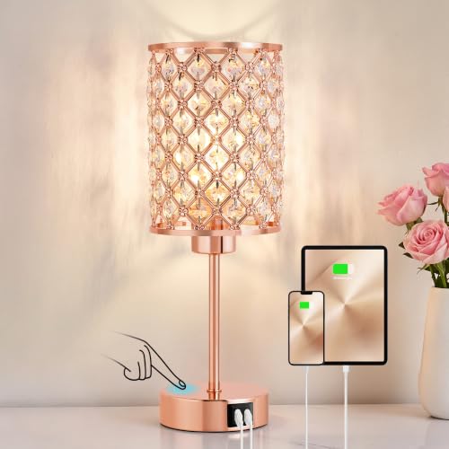 Crystal Table Lamp, Rose Gold Touch Lamp with USB C+A Port, 3-Way Dimmable - color: Rose Gold, size: 14.75"