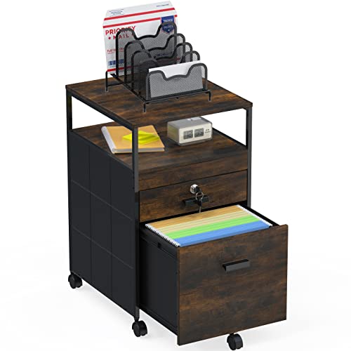 SHW Box File Rolling Mobile Cabinet with Lockable Drawer, Rustic Brown - color: Rustic Brown
